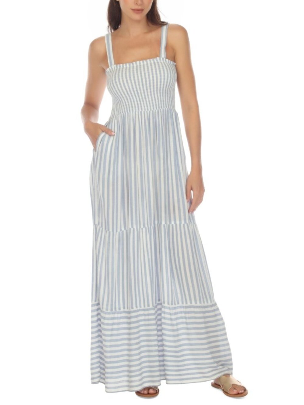 Raviya Tiered Striped Maxi Dress Blue White Size L